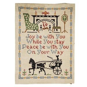 Vtg Colonial Amish Cross Stitch Sampler Sitting Area Fireplace Horse Carriage